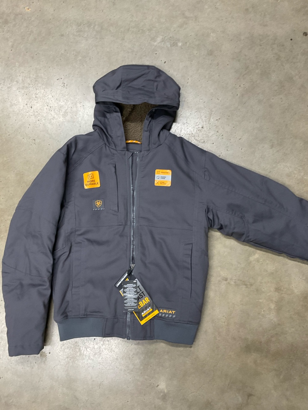 Ariat Men's Charcoal Hooded Performance Work Jacket with Yellow Accents